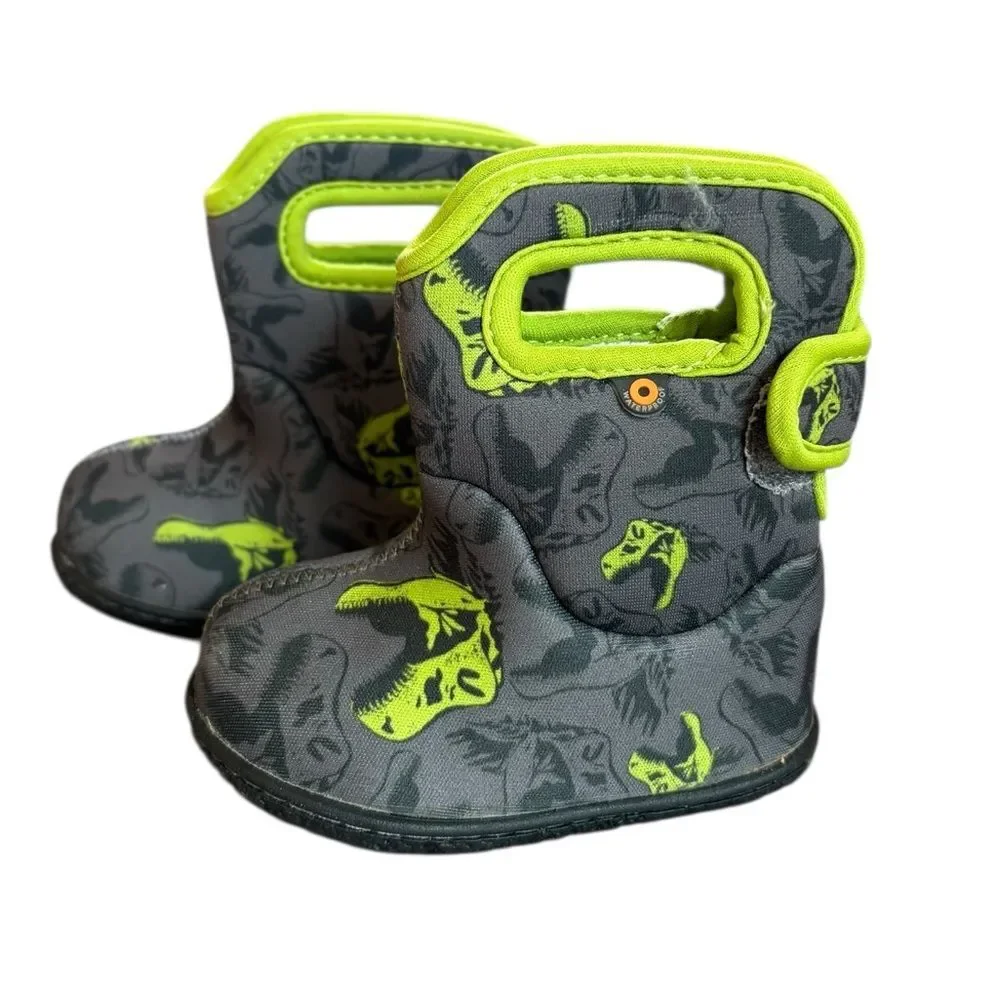 Bogs Cool Dino Print Boots Baby Size 4 Gray and Green